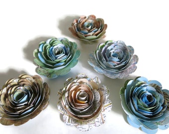 Map Paper Flowers: World Atlas Roses, Travel Theme Centerpiece (Set of 6)