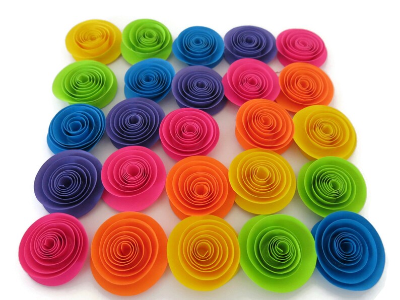 Neon Rainbow Paper Flowers Set of 24, 1.5 Inch Roses, 80s Theme Birthday Party Decorations, Unicorn Theme Kid Event, Black Light Fun image 3