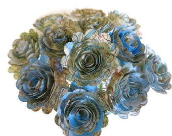 Atlas Map Paper Rose Bouquet: Travel Theme Centerpiece - One Dozen Flowers on Stems