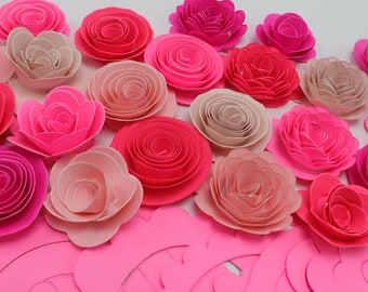 Pink Precut Paper Flower Spirals, DIY Mixed Unrolled Paper Roses 1-2" Inch Small Flowers for Graduation Cap or Wedding Favor Boxes