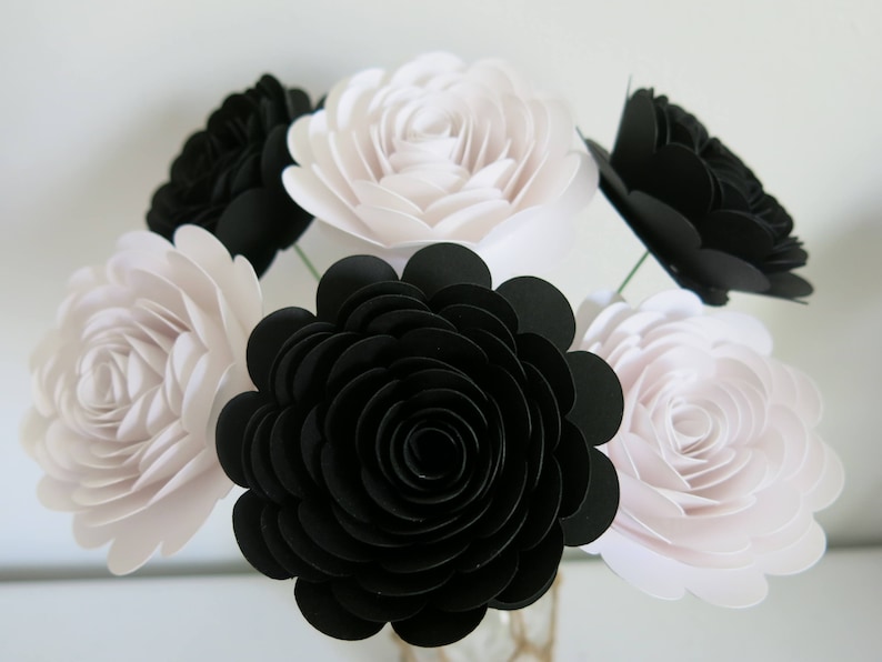 6 Stemmed 3 Paper Flowers Classic Floral Bouquet Black and White Roses