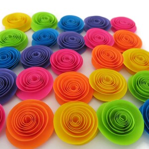 Neon Rainbow Paper Flowers Set of 24, 1.5 Inch Roses, 80s Theme Birthday Party Decorations, Unicorn Theme Kid Event, Black Light Fun image 2