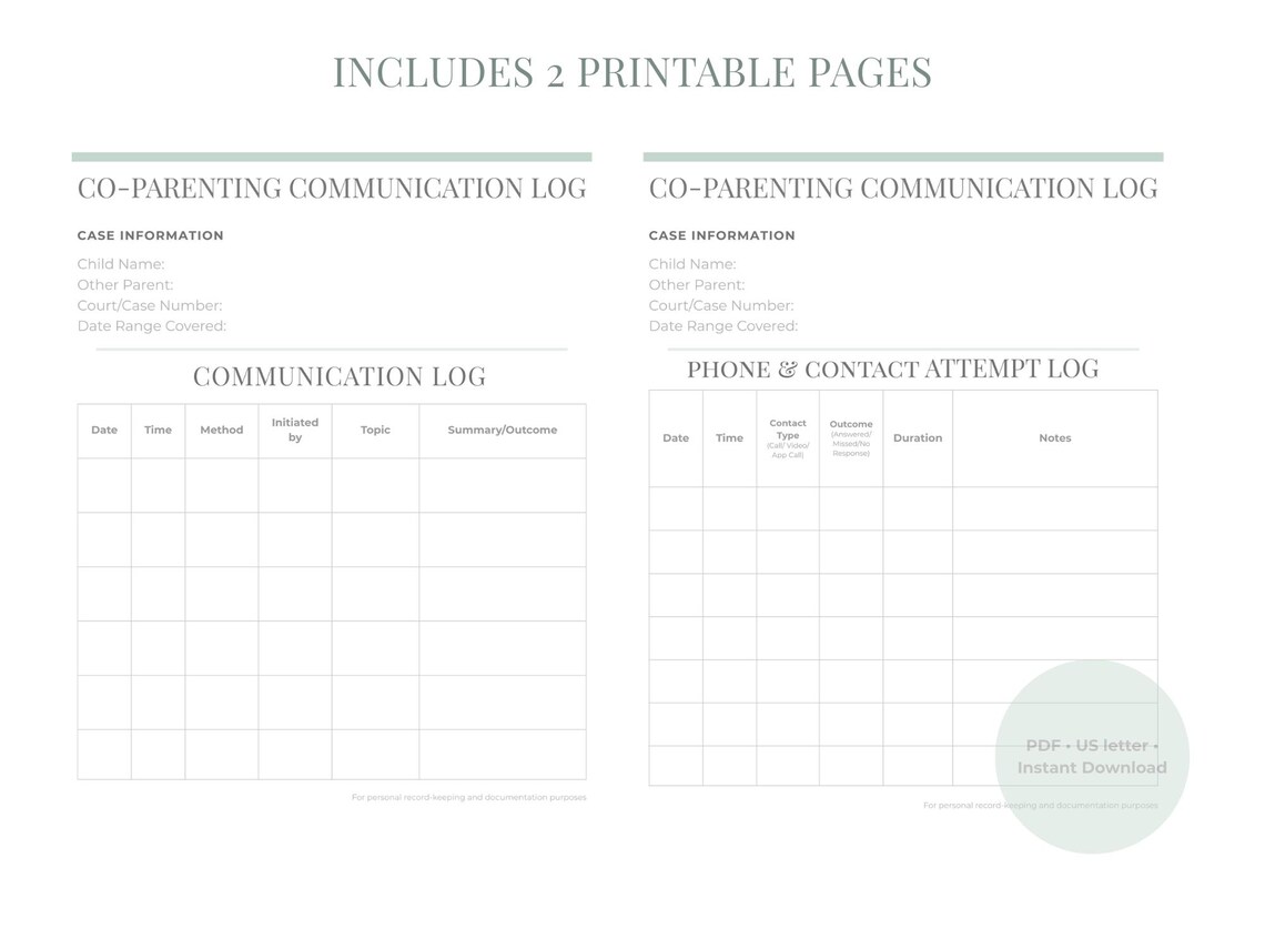 Contact Attempt Note Co- Parenting Communication Log Printable | Court Documentation Log ...