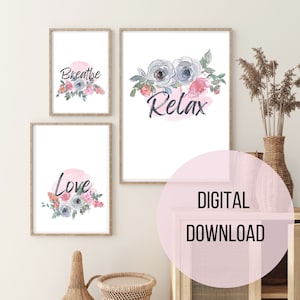 Floral Printable Wall Art set of 3, Botanical Décor, Modern Wall Art, Floral Wall Decor, Wall Art Quotes, Positive Affirmations, Abstract