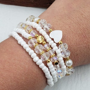 Crystal Bracelet Set: Gold-Plated, Mother of Pearl Heart, Beaded Stack