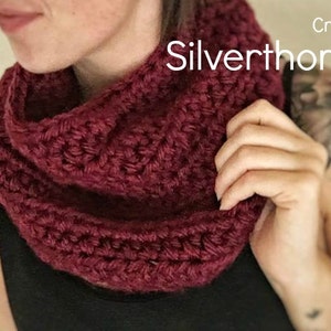 Pode incluir: Padrão de crochê para um cachecol de gola roxa, chamado "Silverthorne Cowl".
