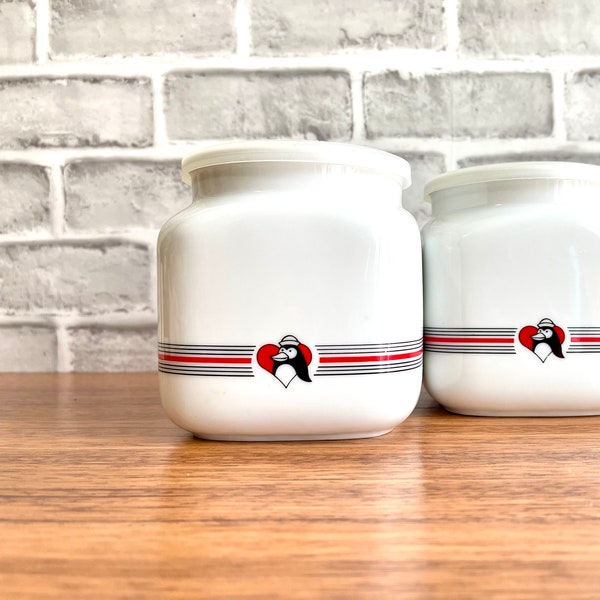 Ceramic Square Canisters with Penguin Logo and Plastic Lids / Retro White Ceramic Storage Jars ~ Red & Black Stripe w/ Small Penguin Design
