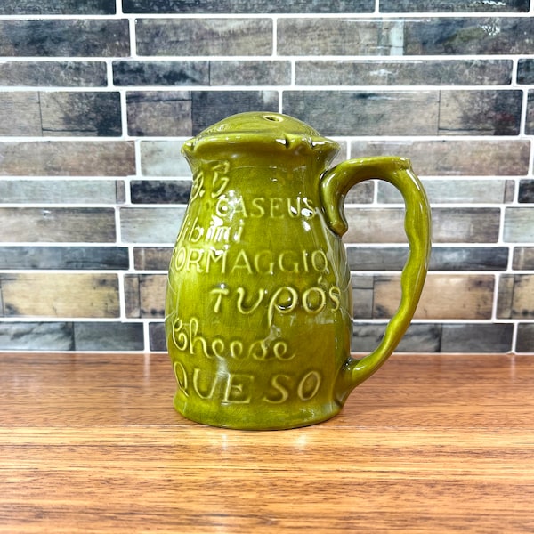 Olive Green Ceramic Parmesan Cheese Shaker w/ Handle / Vintage Large Embossed Ceramic Grated Cheese Shaker with Handle