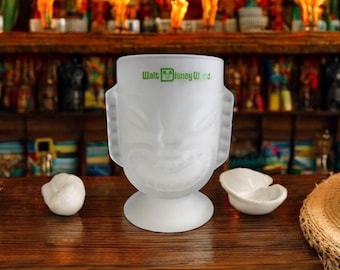 Disney World Polynesian Village Tall Tiki Glass / Vintage Disney World Frosted Tiki Face Cup / Disneyana Collectible Polynesian Tiki Glass