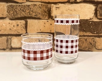 Libbey Brown and White Gingham Check Lowball Tumblers / Vintage Libbey Brown and White Check w/ Ric Rac Accent Trim / Vintage Libbey Glasses