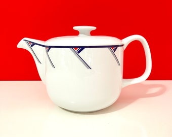 White Porcelain Teapot w/ Memphis Design in Blue, Red and Grey / Vintage 80's White Teapot w/ Geometric Graphic Decoration / 80's Teapot