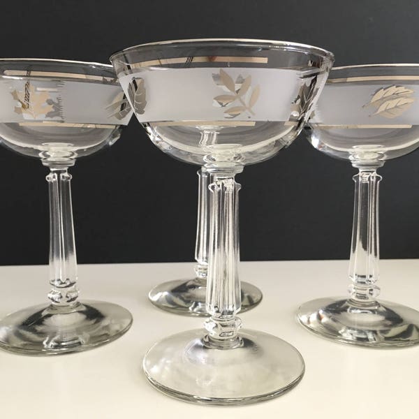 Vintage Libbey Silver Foliage Champagne Coupe Glasses