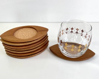 Wood & Cork Cat Eye Coasters / Vintage Mid Century Hardwood w/ Cork Insert Cat Eye Coaster Set / Vintage MCM Bar Coasters