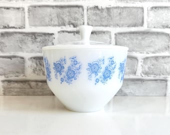 Federal Glass Blue Floral Print Milk Glass Serving Bowl w/ Lid / Vintage Federal Glass 1.5 Quart Serving~Storage Bowl w/ Lid