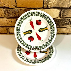 May include: Two white ceramic plates with a green mosaic border and vegetable illustrations. Each plate features red tomatoes, orange carrots, and yellow zucchini. A metal stand holds the plates.