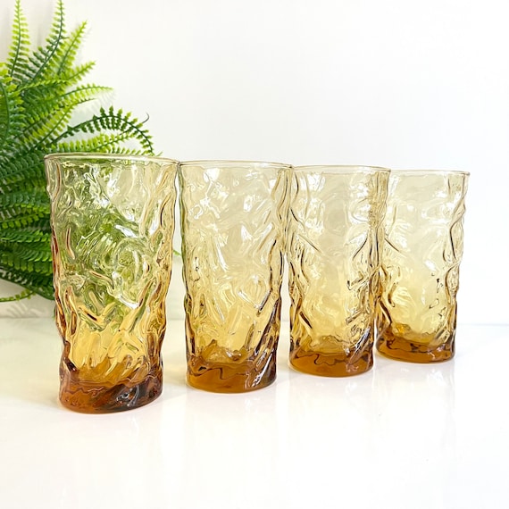 Libbey "Gold Aztec" Beverage Tumbler / Vintage Libbey Glassware "Aztec Gold" Textured Drink Tumbler / Vintage 70s Drinkware / Crinkle Glass
