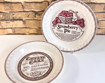 Vintage Royal China by Jeannette Strawberry & Cheesecake Pie Plates w/ Recipe / 80s Bakeware