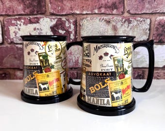 Vintage Plastic Insulated Beverage Mugs / Decoupage Style Handled Cold Drink Mugs