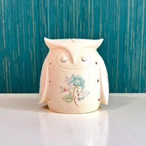 Peut inclure: Une figurine de chouette en céramique couleur crème ornée d'un motif floral sur la poitrine avec des pétales bleu clair et roses. La chouette a les yeux fermés, des aigrettes pointues et de petits trous de ventilation circulaires.