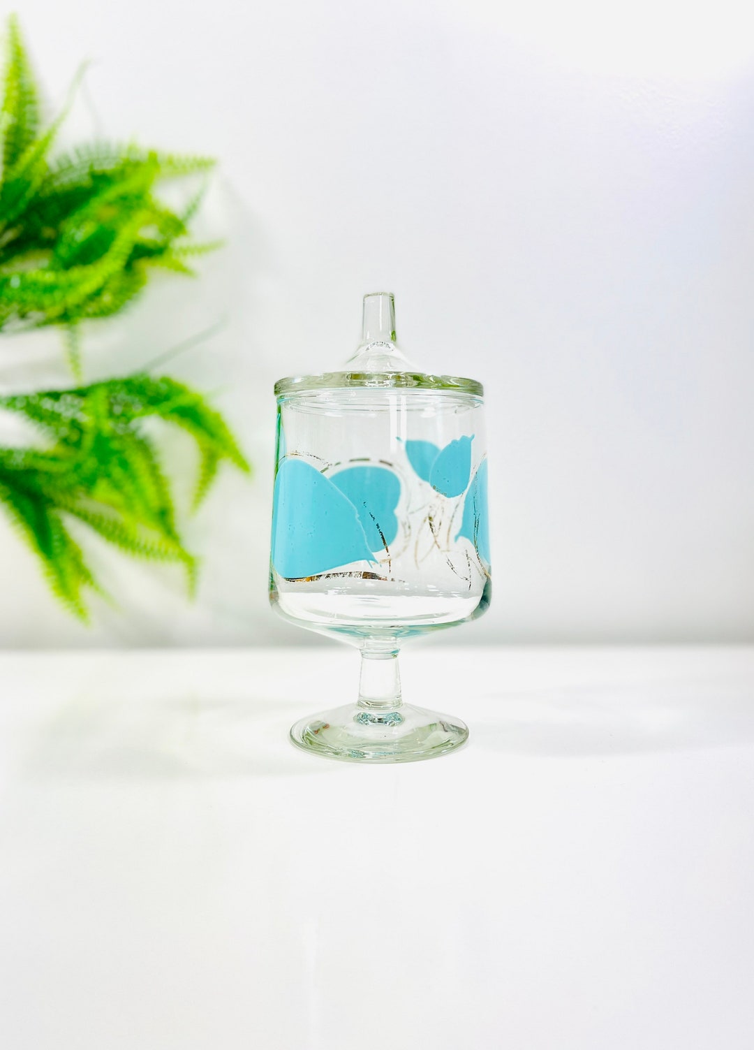 Enchant Ware Aqua & Gold Leaf Candy Jar W/ Lid / Vintage Enchant Ware Hand Painted Candy Jar