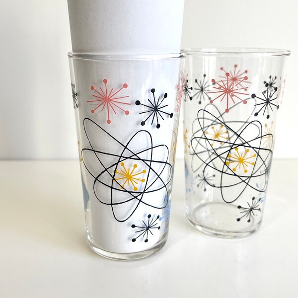 Atomic Space Age Modernist Glass Tumblers / Vintage MCM Atomic Motif Juice~Beverage / Vintage