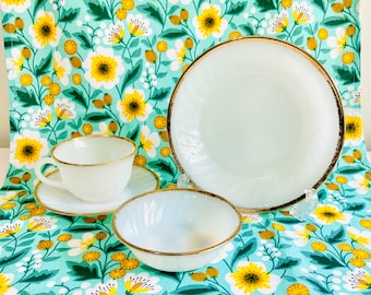 Anchor Hocking Fire King White Swirl w/ Gold Trim Luncheon Set Pieces / Vintage Fire King White Cup & Saucer, Salad Plate and Small Bowl