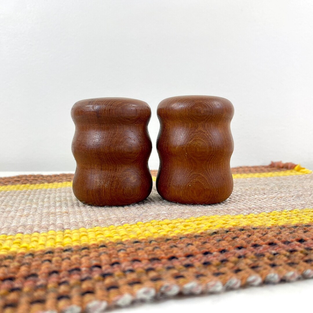 Teak Rippled Salt and Pepper Shakers W/ Cork Stoppers / Vintage Teak