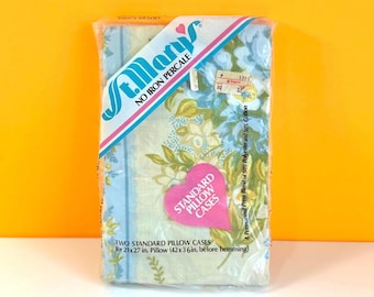 Vintage St.Mary’s No Iron Percale Floral Standard Size  Pillow Cases ~ Package of 2 / Retro Blue and Green Floral Pillowcases ~ NIP