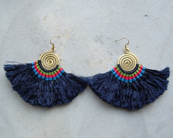 Handmade Spiral Royal Blue Tassel Earrings
