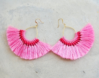 XL Handmade Pink Half Circle Tassel Earrings