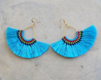 XL Light Blue Half Circle Tassel Earrings