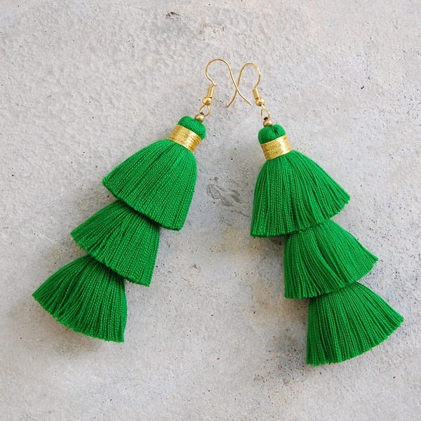 Handcrafted Emerald Green Tassel Earrings