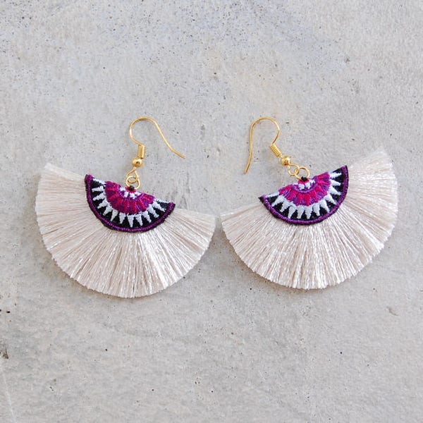Small Handmade Off-White Half Moon Tassel Earrings