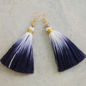 Indigo Blue Dip Dyed Ombre Tassel Earrings with Gold Beads image 1