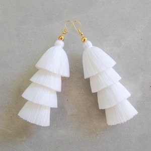 Pure White Four Tiered Tassel Earrings 4 Tiers