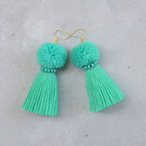 Seafoam Green Pom Pom Tassel Earrings