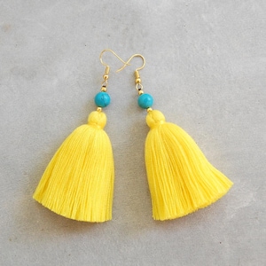Handmade Bright Yellow Tassel Earrings with Turquoise Beads image 1