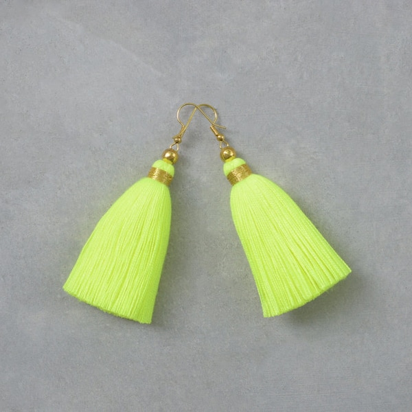 Neon Yellow Tassel Earrings with Gold Beads