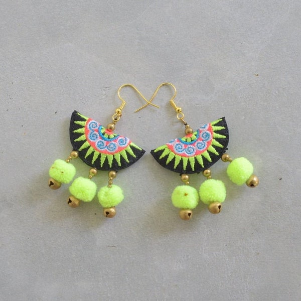 Neon Pom Pom Earrings with Hmong Embroidery