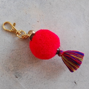 Neon Pink Pom Pom Tassel Keychain with Brass Bell