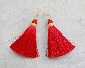 Handmade Silky Red Tassel Earrings