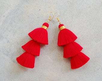 Handmade Red & Gold Tassel Earrings