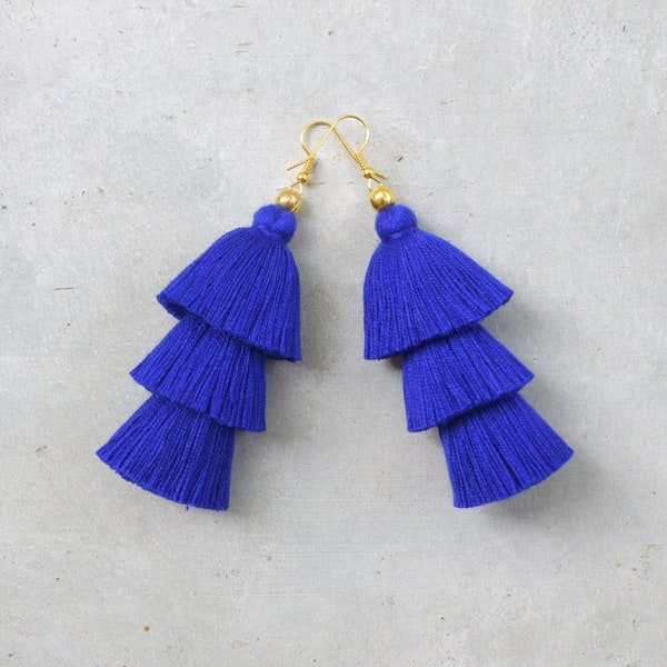 Navy Blue Three Tiered Tassel Earrings