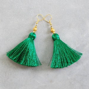 Silky Emerald Green Tassel Earrings