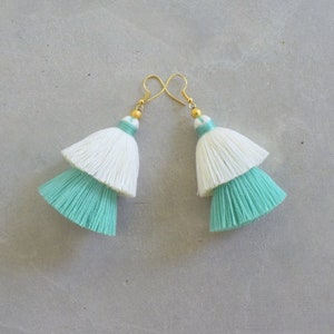 White & Mint Green Beach Tassel Earrings