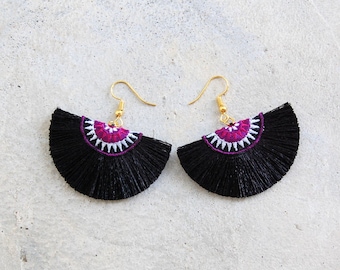 Small Half Circle Tassel Earrings with Hmong Embroidery