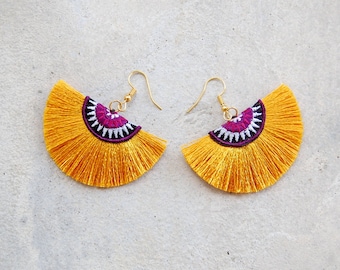 Small Ethnic Gold Half Moon Tassel Earrings