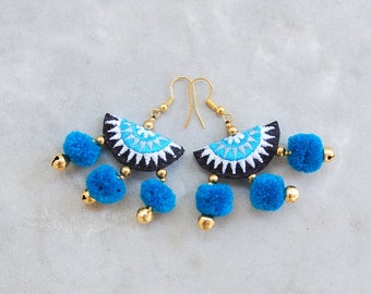 Blue Pom Pom Earrings with Hmong Embroidery