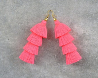 Handcrafted Neon Pink Tassel Earrings