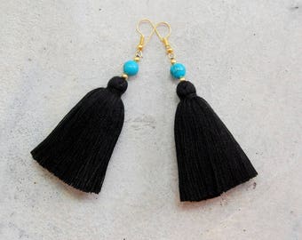 Black Tassel Earrings with Turquoise Beads